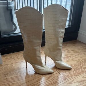 SCHUTZ Cream Croc-Embossed Heeled Boots